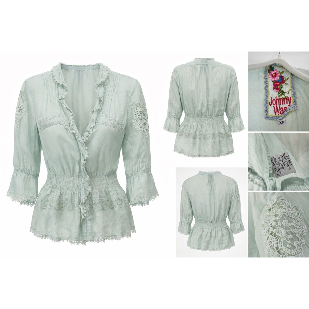 Johnny Was Mint Green Silk Blend Lace Smocked Waist Embroidered Blouse Top XS